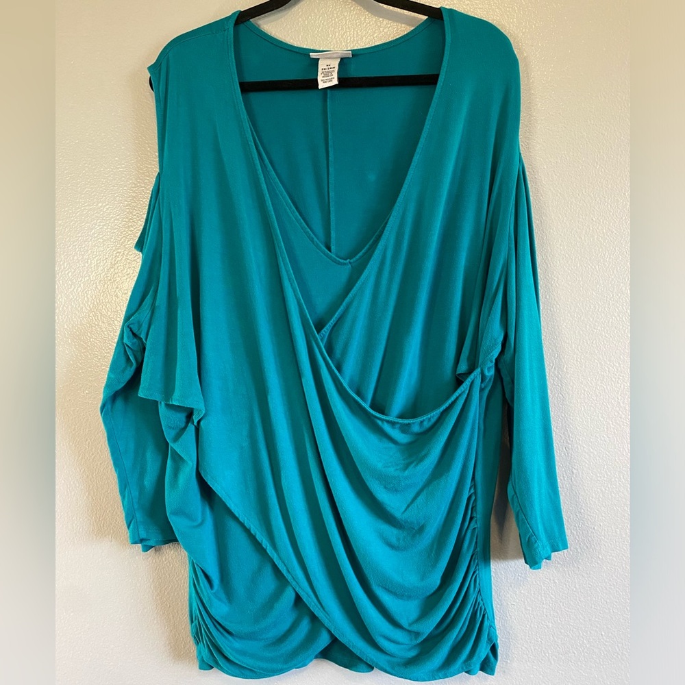 Catherines Curvy collection teal color cold shoulder front crossover blouse 3X